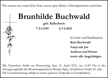 Traueranzeige von Brunhilde Buchwald von vrm-trauer Allgemeine Zeitung Alzey