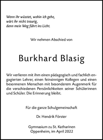 Traueranzeige von Burkhard Blasig von vrm-trauer AZ Mainz