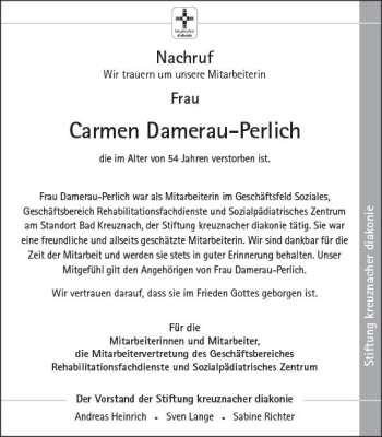 Traueranzeige von Carmen Damerau-Perlich von vrm-trauer Allg. Zeitung Bad Kreuznach