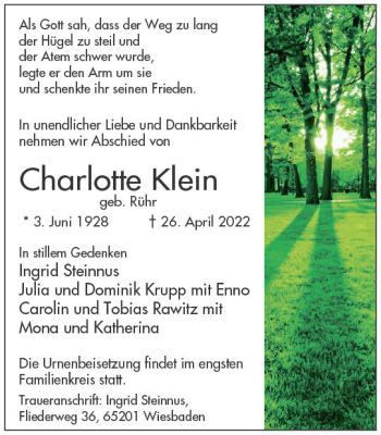 Traueranzeige von Charlotte Klein von vrm-trauer Wiesbadener Kurier