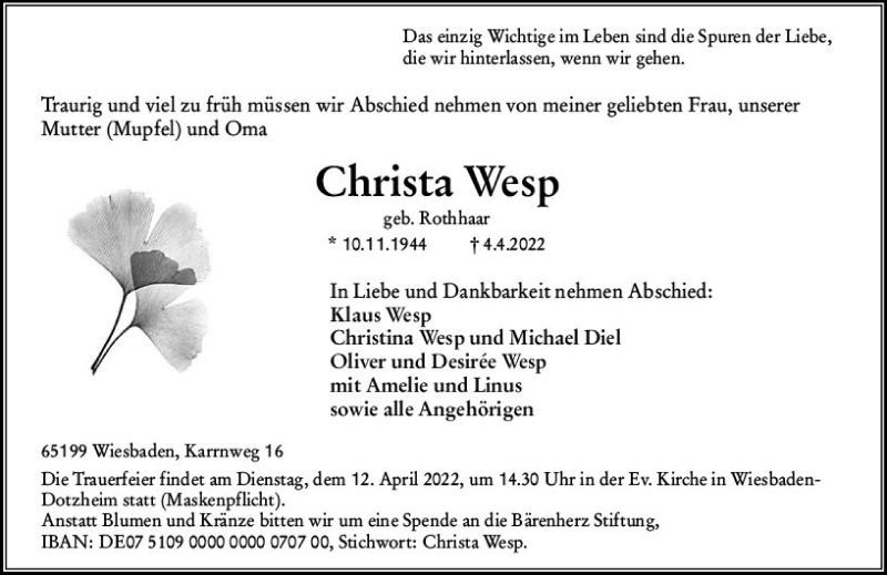  Traueranzeige für Christa Wesp vom 09.04.2022 aus vrm-trauer Wiesbadener Kurier