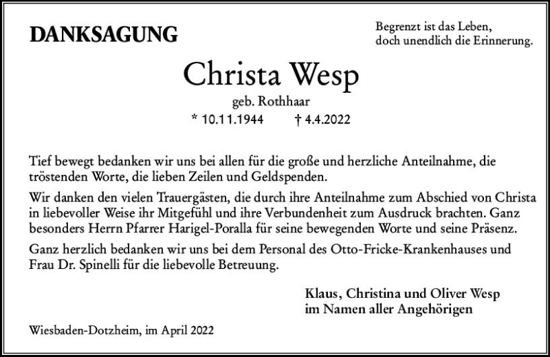  Traueranzeige für Christa Wesp vom 30.04.2022 aus vrm-trauer Wiesbadener Kurier