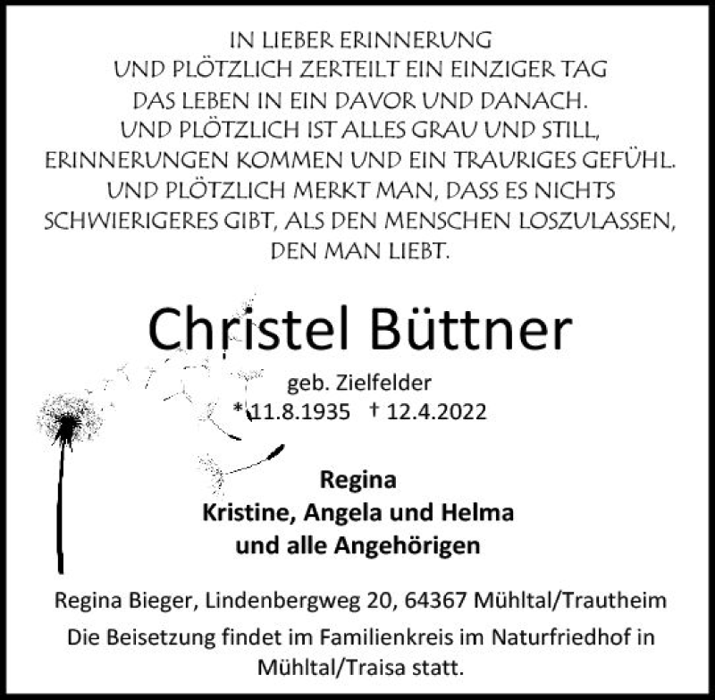  Traueranzeige für Christel Büttner vom 20.04.2022 aus vrm-trauer Darmstädter Echo