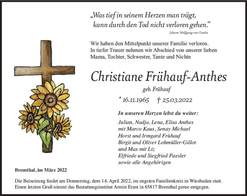  Traueranzeige für Christiane Frühauf-Anthes vom 02.04.2022 aus vrm-trauer Wiesbadener Kurier