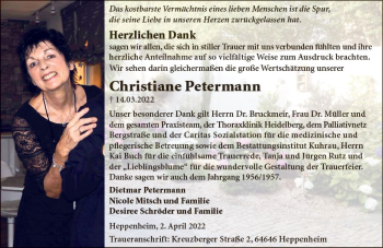 Traueranzeige von Christiane Petermann von vrm-trauer Bergsträßer Anzeiger