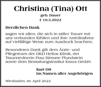 Traueranzeige von Christina Ott von vrm-trauer Wiesbadener Kurier