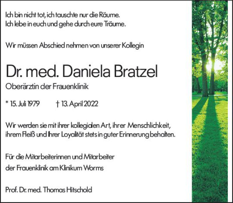  Traueranzeige für Daniela Bratzel vom 21.04.2022 aus vrm-trauer Wormser Zeitung