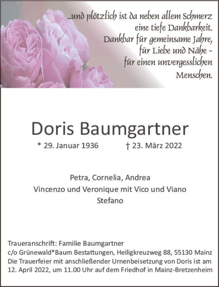  Traueranzeige für Doris Baumgartner vom 02.04.2022 aus vrm-trauer AZ Mainz