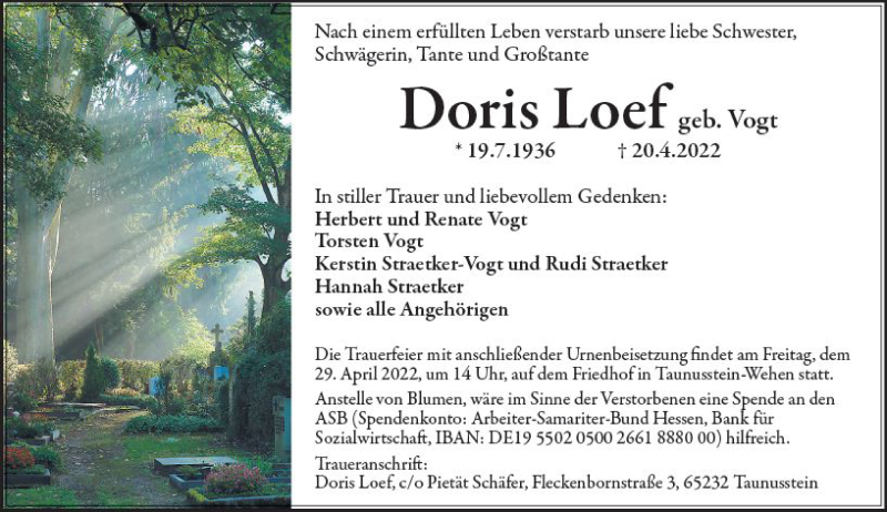  Traueranzeige für Doris Loef vom 23.04.2022 aus vrm-trauer Wiesbadener Kurier