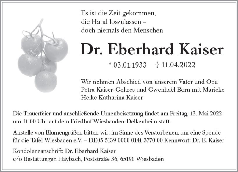  Traueranzeige für Eberhard Kaiser vom 23.04.2022 aus vrm-trauer Wiesbadener Kurier