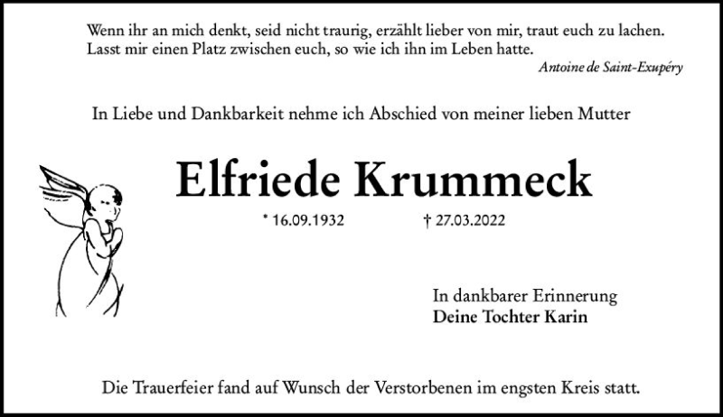  Traueranzeige für Elfriede Krummeck vom 09.04.2022 aus vrm-trauer Groß-Gerauer Echo