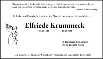 Traueranzeige von Elfriede Krummeck von vrm-trauer Groß-Gerauer Echo