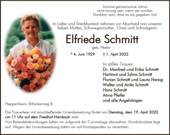 Traueranzeige von Elfriede Schmitt von vrm-trauer Bürstädter/Lamperth. Ztg/Starkenburger