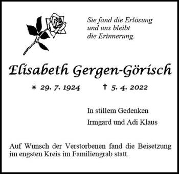 Traueranzeige von Elisabeth Gergen-Görisch von vrm-trauer AZ Mainz