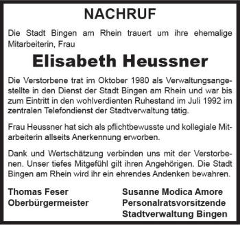 Traueranzeige von Elisabeth Heussner von vrm-trauer Allgemeine  Zeitung Ingelheim-Bingen
