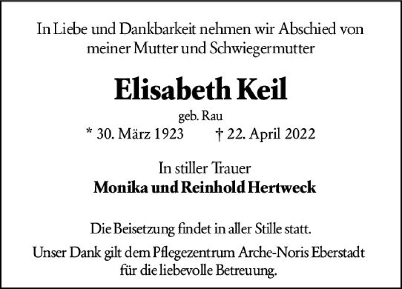  Traueranzeige für Elisabeth Keil vom 30.04.2022 aus vrm-trauer Darmstädter Echo