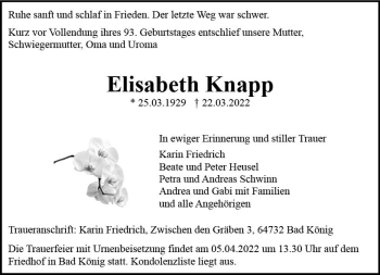 Traueranzeige von Elisabeth Knapp von vrm-trauer Odenwälder Echo