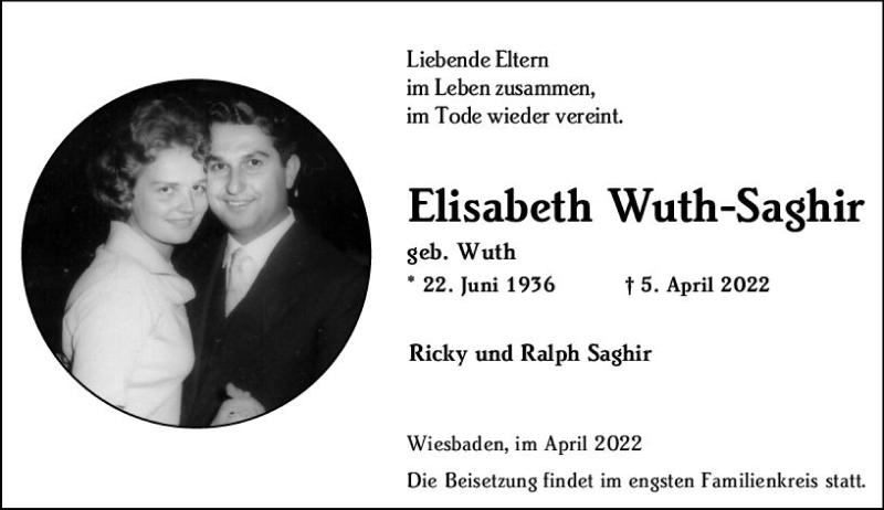  Traueranzeige für Elisabeth Wuth-Saphir vom 09.04.2022 aus vrm-trauer Wiesbadener Kurier