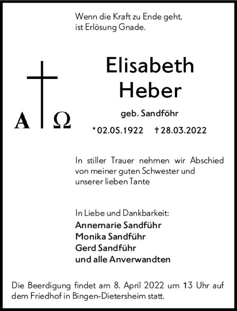  Traueranzeige für Elsbeth Heber vom 06.04.2022 aus vrm-trauer Allgemeine  Zeitung Ingelheim-Bingen