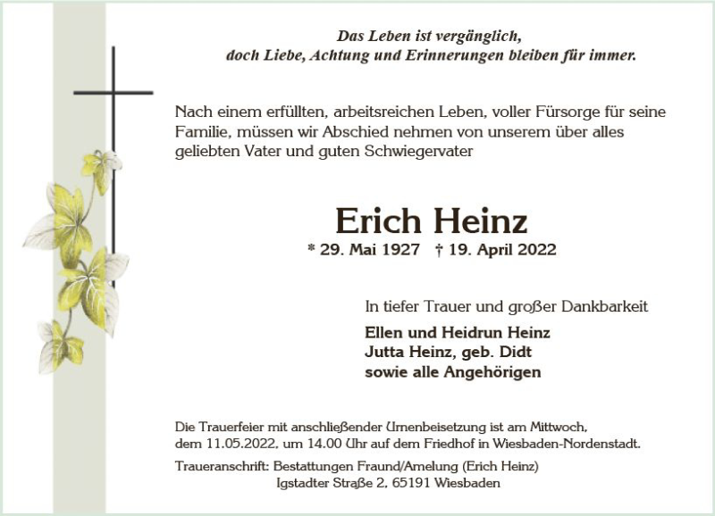  Traueranzeige für Erich Heinz vom 30.04.2022 aus vrm-trauer Wiesbadener Kurier