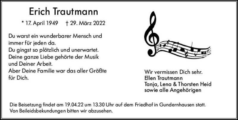  Traueranzeige für Erich Trautmann vom 09.04.2022 aus vrm-trauer Odenwälder Echo