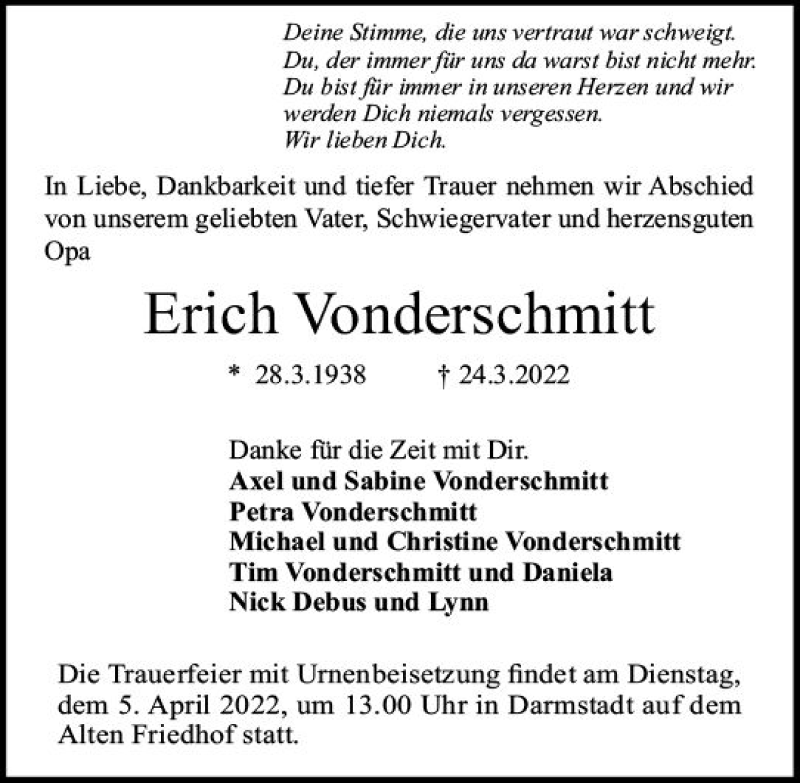  Traueranzeige für Erich Vonderschmitt vom 02.04.2022 aus vrm-trauer Darmstädter Echo