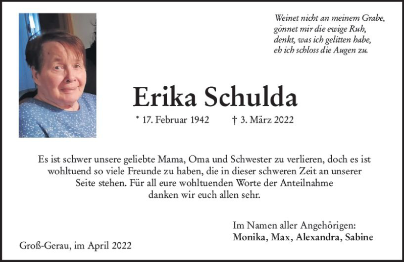  Traueranzeige für Erika Schulda vom 02.04.2022 aus vrm-trauer Groß-Gerauer Echo
