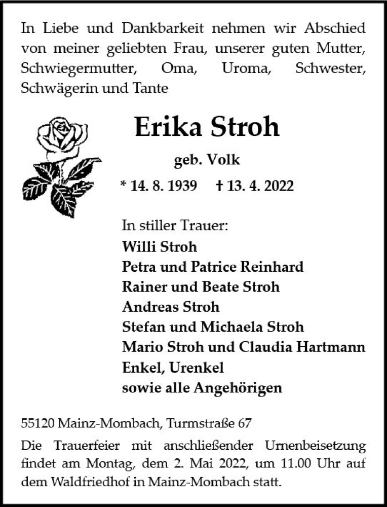  Traueranzeige für Erika Stroh vom 23.04.2022 aus vrm-trauer AZ Mainz