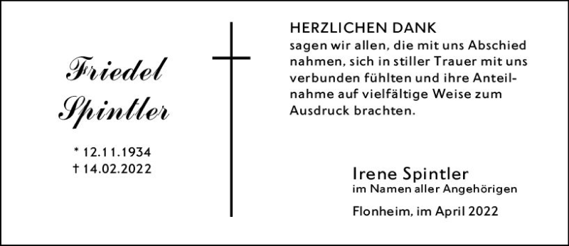  Traueranzeige für Friedel Spintler vom 16.04.2022 aus vrm-trauer Allgemeine Zeitung Alzey