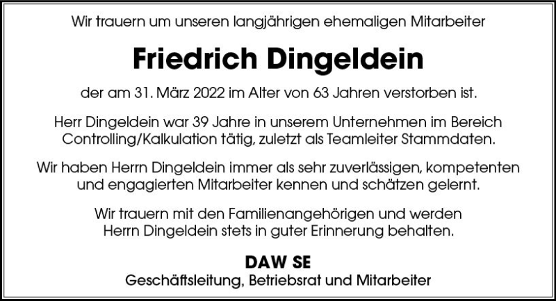  Traueranzeige für Friedrich Dingeldein vom 30.04.2022 aus vrm-trauer Odenwälder Echo