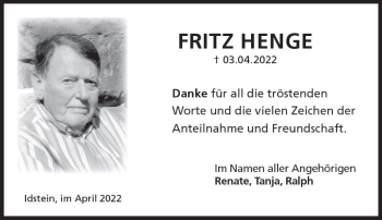 Traueranzeige von Fritz Henge von vrm-trauer Wiesbadener Kurier