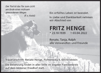 Traueranzeige von Fritz Henge von vrm-trauer Idsteiner Zeitung