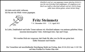 Traueranzeige von Fritz Steinmetz von vrm-trauer AZ Mainz