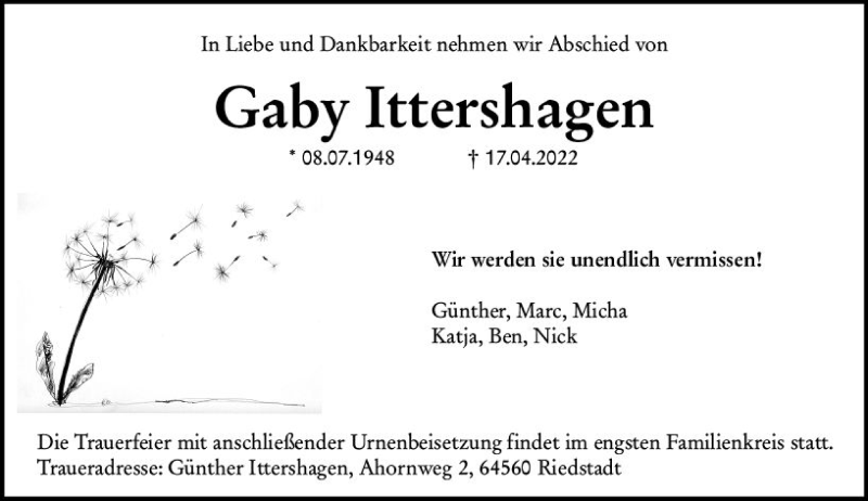  Traueranzeige für Gaby Ittershagen vom 20.04.2022 aus vrm-trauer Groß-Gerauer Echo