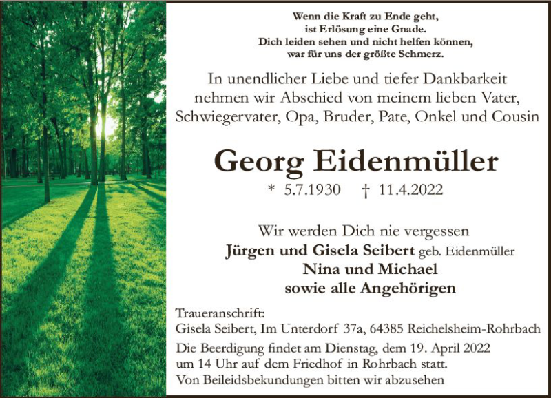  Traueranzeige für Georg Eidenmüller vom 16.04.2022 aus vrm-trauer Odenwälder Echo