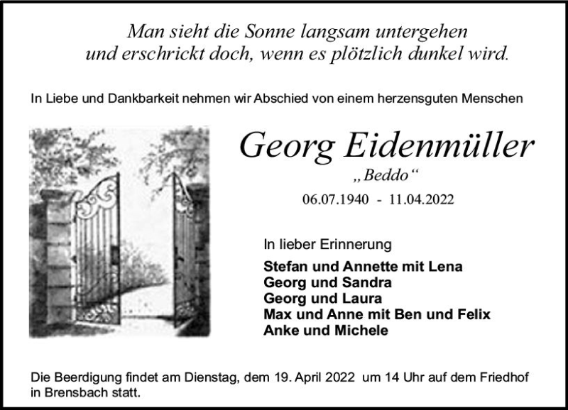  Traueranzeige für Georg Eidenmüller vom 16.04.2022 aus vrm-trauer Odenwälder Echo