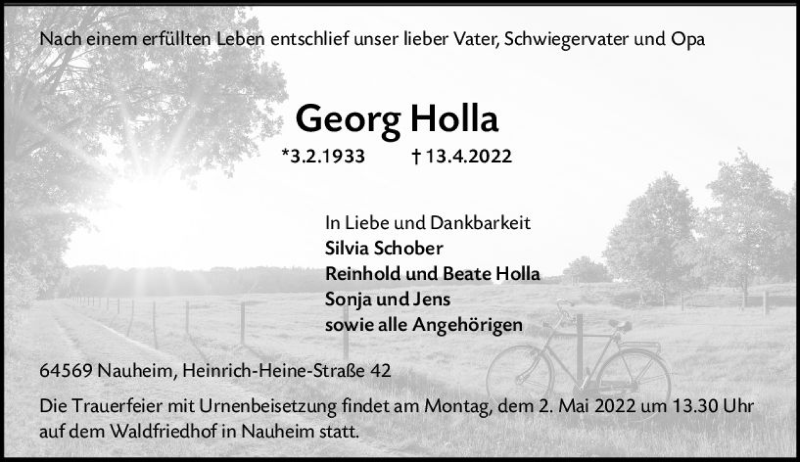  Traueranzeige für Georg Holla vom 30.04.2022 aus vrm-trauer Rüsselsheimer Echo / MainSpitze