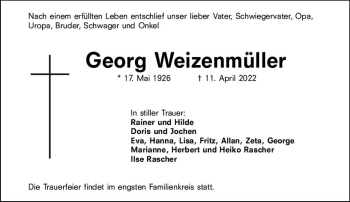 Traueranzeige von Georg Weizenmüller von vrm-trauer Darmstädter Echo