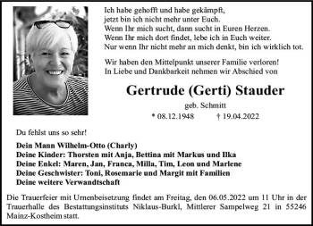 Traueranzeige von Gertrude Stauder von vrm-trauer AZ Mainz