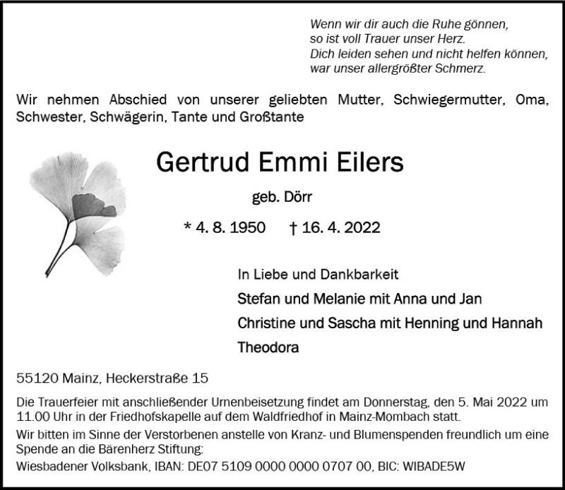  Traueranzeige für Gertrud Emmi Eilers vom 30.04.2022 aus vrm-trauer AZ Mainz