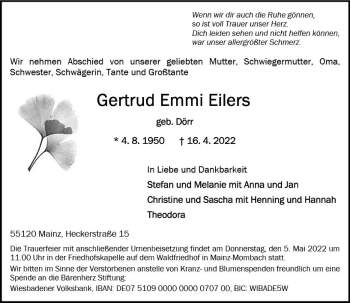 Traueranzeige von Gertrud Emmi Eilers von vrm-trauer AZ Mainz