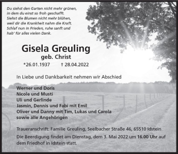Traueranzeige von Gisela Greuling von vrm-trauer Idsteiner Zeitung