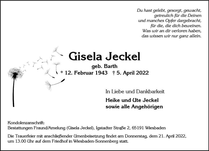  Traueranzeige für Gisela Jeckel vom 16.04.2022 aus vrm-trauer Wiesbadener Kurier