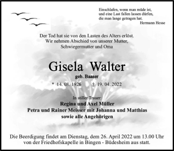 Traueranzeige von Gisela Walter von vrm-trauer Allgemeine  Zeitung Ingelheim-Bingen