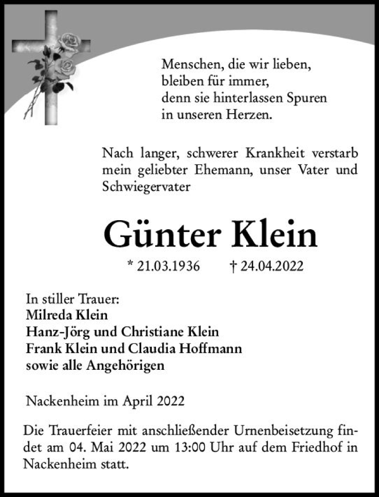  Traueranzeige für Günter Klein vom 30.04.2022 aus vrm-trauer AZ Mainz