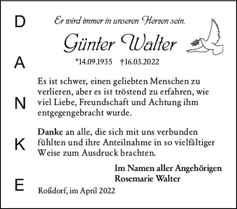  Traueranzeige für Günter Walter vom 09.04.2022 aus vrm-trauer Darmstädter Echo
