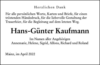 Traueranzeige von Hans-Günter Kaufmann von vrm-trauer AZ Mainz
