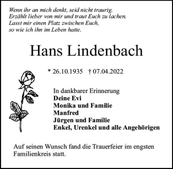 Traueranzeige von Hans Lindenbach von vrm-trauer Darmstädter Echo