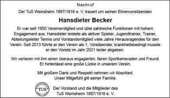 Traueranzeige von Hansdieter Becker von vrm-trauer Wormser Zeitung
