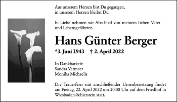 Traueranzeige von Hans Günter Berger von vrm-trauer Wiesbadener Kurier